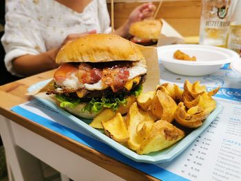 Close-up of burger in plate on table
