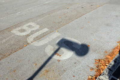 A bus lane marking on the street, public transport and road traffic