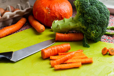 High angle view of chopped vegetables on cutting board