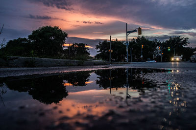 Reflection of trees and cloudy sky on puddle during sunset