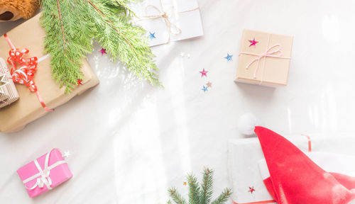 High angle view of christmas tree on table