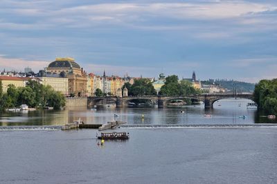Bridge over river against buildings in city