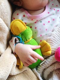 Cropped image of baby sleeping with toy