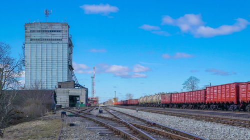 Train on railroad tracks against sky