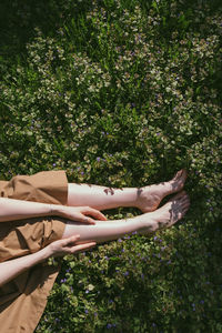 Faceless shot of female sitting in a wild melissa grass