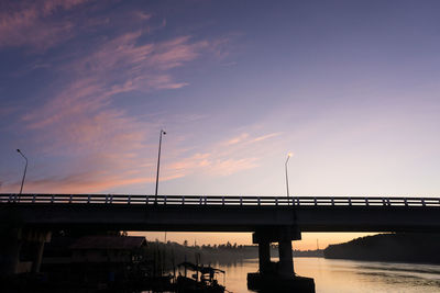 Silhouette bridge over river against sky during sunset