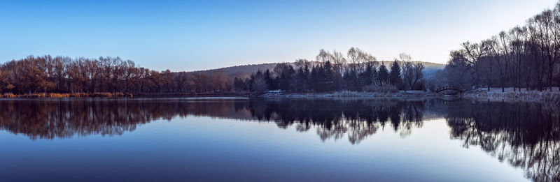 Scenic view of lake against clear sky