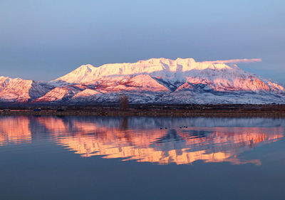 Scenic view of lake by snowcapped mountains against sky