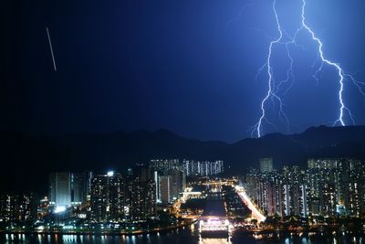 View of lightning strike above built structures