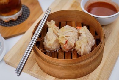 High angle view of food in plate on table