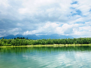 Scenic view of lake by trees against sky