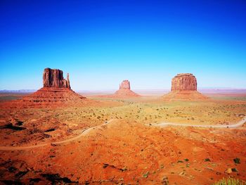 Scenic view of rock formations against clear blue sky