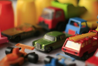 Close-up of toy vehicle on table at home