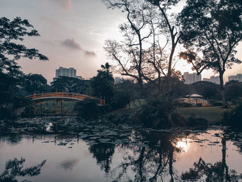 Reflection of trees and buildings in lake during sunset