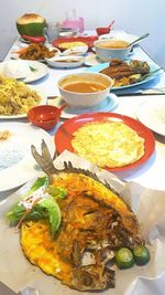 Close-up of food served on table