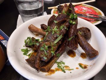 High angle view of food in plate on table