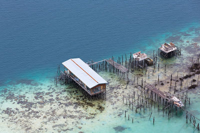 High angle view of abandoned boat in sea