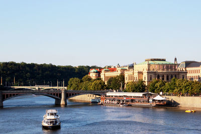 Bridge over river in city against clear sky