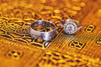High angle view of wedding rings