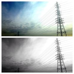 Low angle view of electricity pylon against cloudy sky