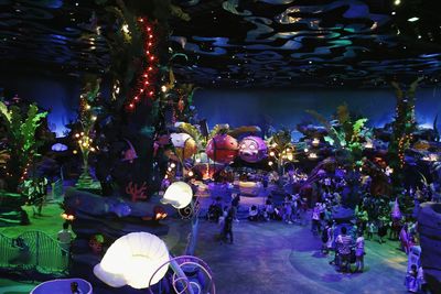 Group of people against illuminated building at night