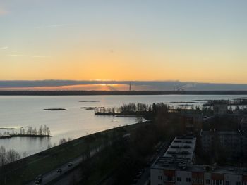 High angle view of lake against sky during sunset