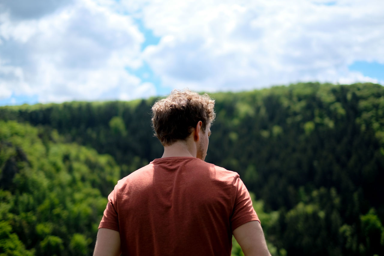 REAR VIEW OF MAN LOOKING AT VIEW OF TREES