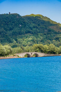 Scenic view of river by mountains against sky