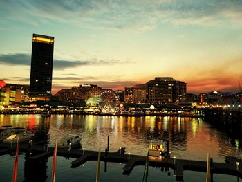 Illuminated buildings by river against sky at sunset