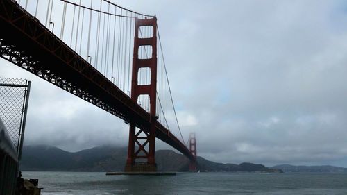 Low angle view of golden gate bridge against cloudy sky