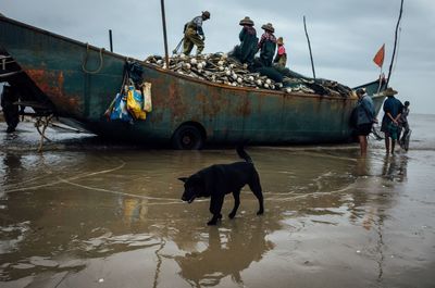 People with dog on boat in water against sky