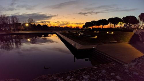 Scenic view of lake against sky at sunset