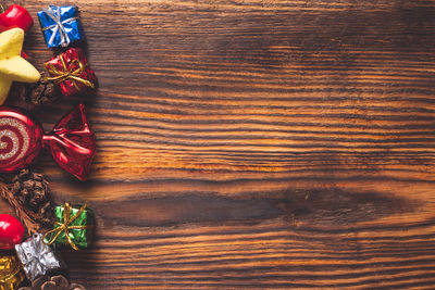 High angle view of christmas decoration on table