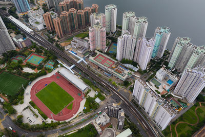 High angle view of buildings in city