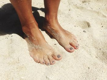 Womans feet standing on wet sand