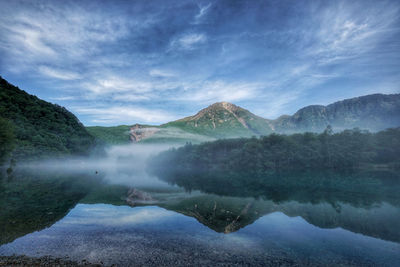 Scenic view of lake and mountains against sky