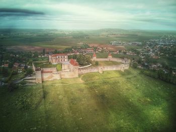 High angle view of townscape against sky