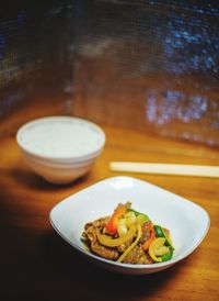 High angle view of meal served on table