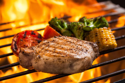 Close-up of food on barbecue grill