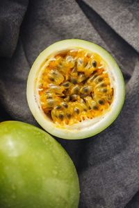 High angle view of fruits in bowl on table