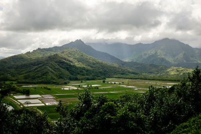 High angle view of green landscape against sky