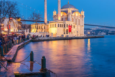 Bridge over river in city at dusk