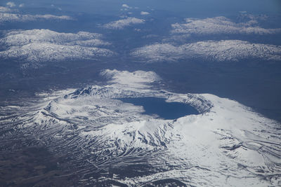 Aerial view of snowcapped mountains against sky