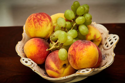 Close-up of fruits in basket on table