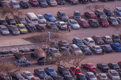 High angle view of people on street