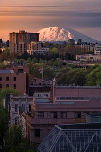 View of buildings in city at sunset