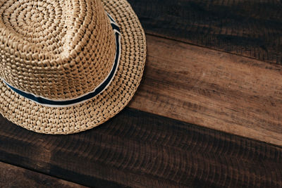 Close-up of sun hat on table