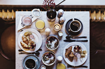 High angle view of breakfast on table