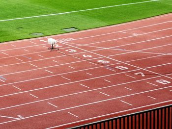 High angle view of microphone standing on athletics track