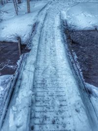 Close-up of tire tracks on snow covered landscape